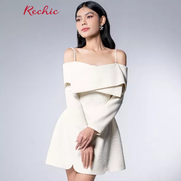 RECHIC Đầm Ngắn Lia kiểu hai dây tay dài đắp chéo phần ngực đơn giản sang trọng