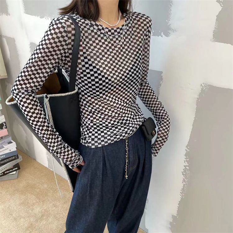 Jiashucheng Áo Thun Tay Dài Vải Lụa Lạnh Mỏng Phối Lưới Kiểu Phương Tây Thời Trang Mùa Hè Cho Nữ