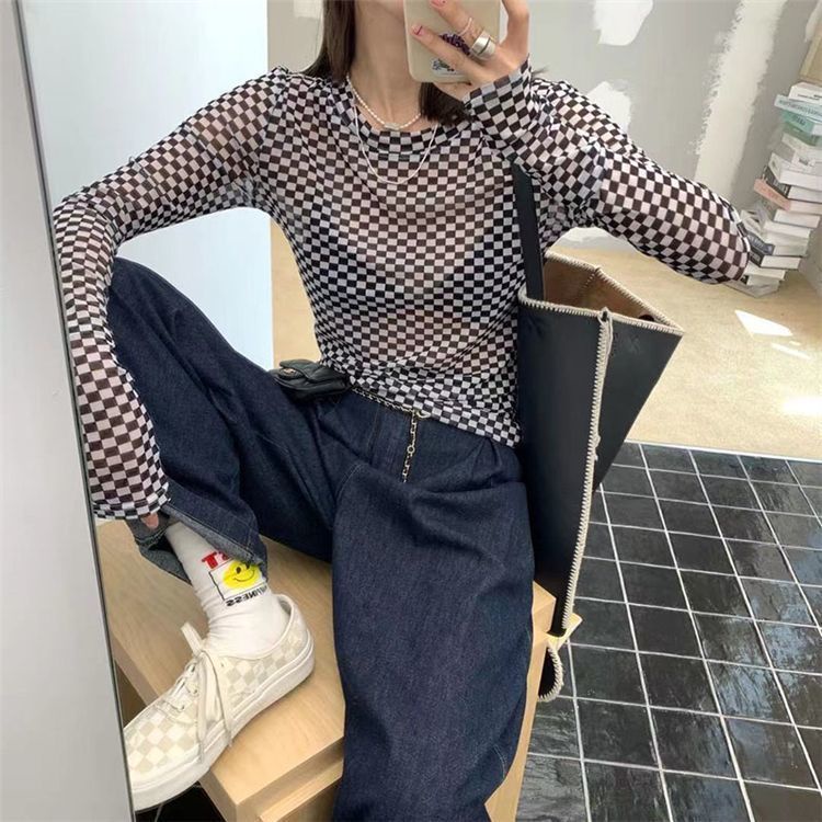 Jiashucheng Áo Thun Tay Dài Vải Lụa Lạnh Mỏng Phối Lưới Kiểu Phương Tây Thời Trang Mùa Hè Cho Nữ