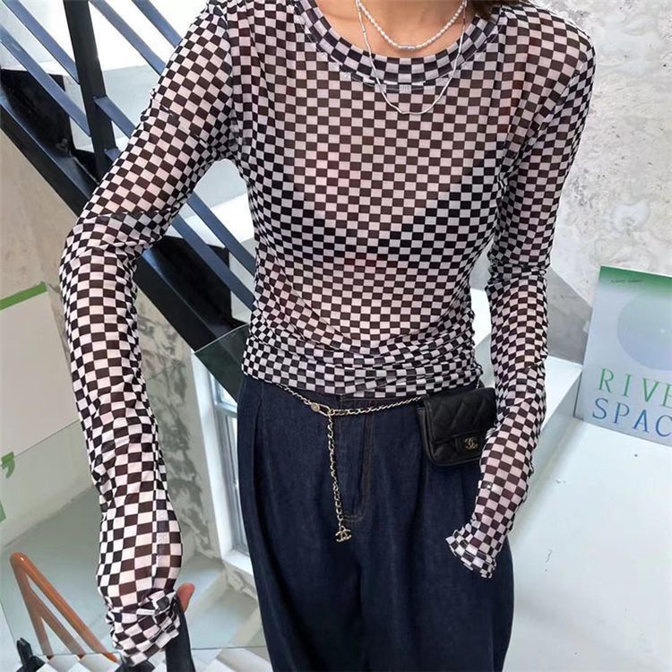 Jiashucheng Áo Thun Tay Dài Vải Lụa Lạnh Mỏng Phối Lưới Kiểu Phương Tây Thời Trang Mùa Hè Cho Nữ