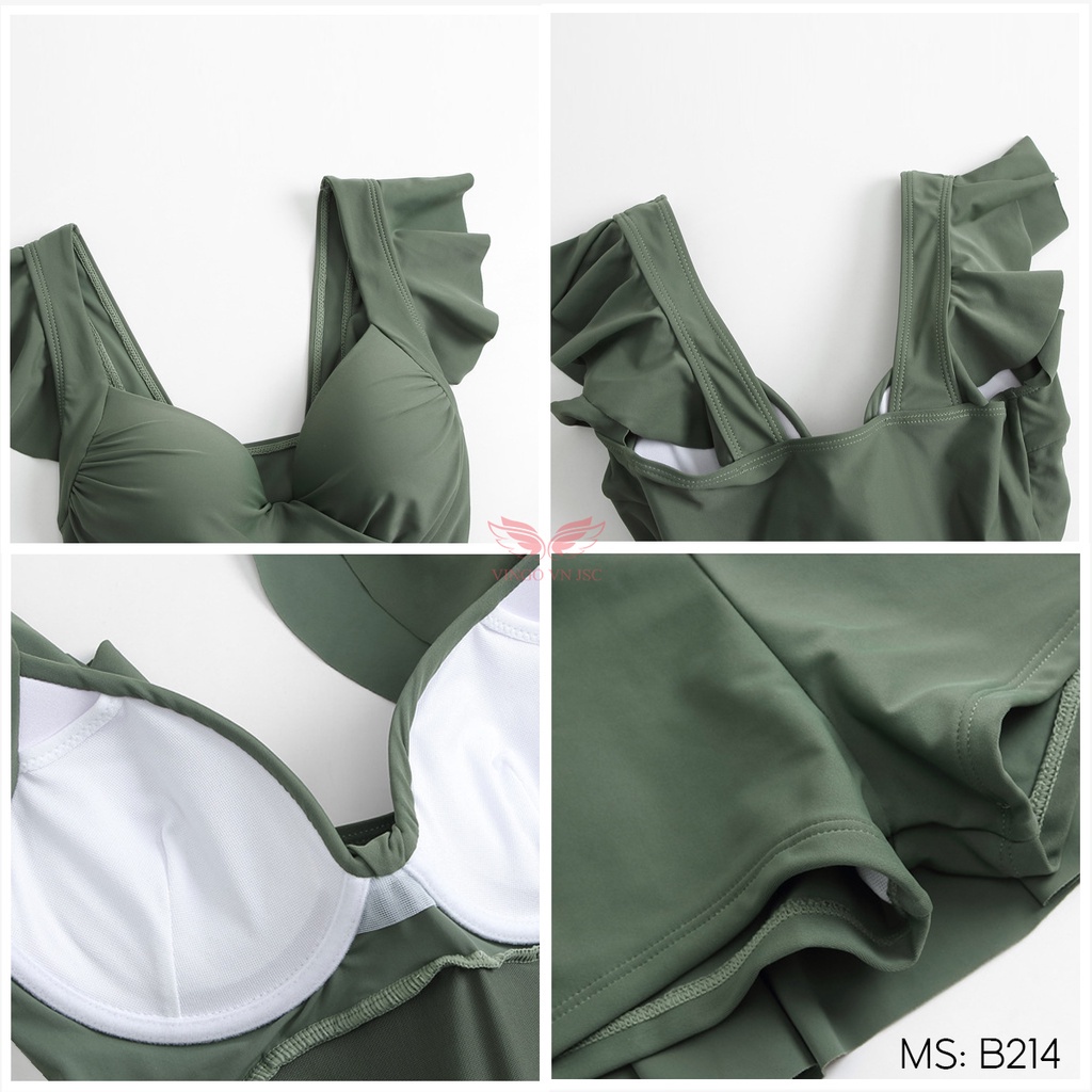 Set đồ bơi bikini liền thân chất thun Lycra VINGO tay bèo váy xếp ly liền quần mặc đi biển màu hè B214 VNGO