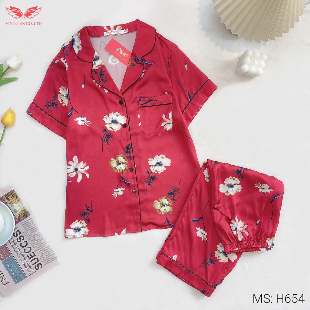 Pijama lụa đồ bộ ngủ mặc nhà cao cấp mùa hè VINGO tay ngắn quần lửng hoa đỏ dễ thương H654 VNGO
