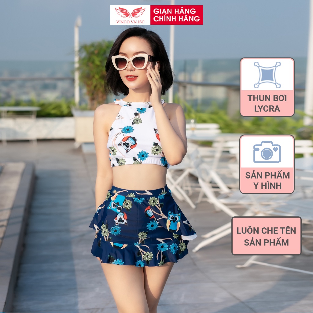 Set đồ bơi bikini nữ 3 mảnh sexy VINGO áo bơi cổ yếm kèm quần bơi tam giác và váy xếp ly màu xanh BM19 VNGO