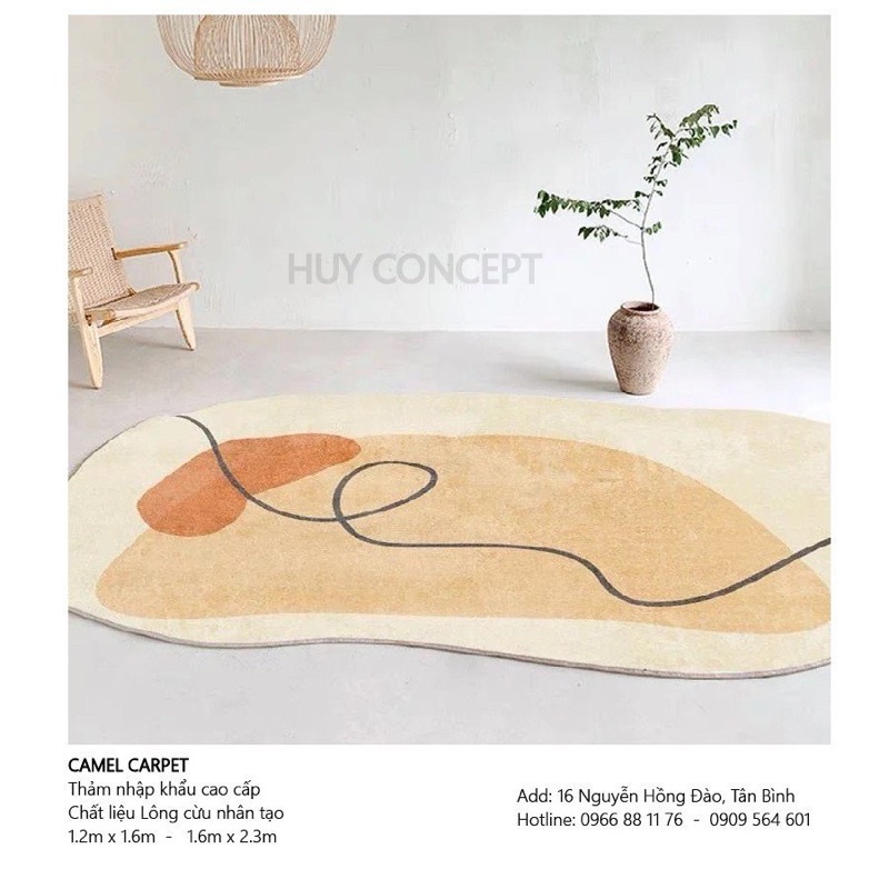 Thảm lông cừu nhân tạo hình cong nghệ thuật hoạ tiết Camel trang trí phòng khách, phòng ngủ nhiều kích thước