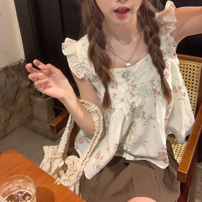 Jiashucheng Áo Sơ Mi Tay Bay Nhỏ Dáng Ôm In Hoa Nhỏ Phong Cách Pháp Thời Trang Mùa Hè Cho Nữ