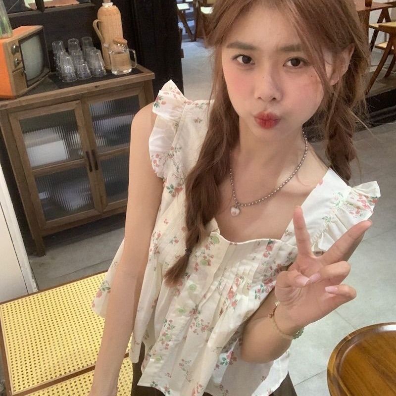 Jiashucheng Áo Sơ Mi Tay Bay Nhỏ Dáng Ôm In Hoa Nhỏ Phong Cách Pháp Thời Trang Mùa Hè Cho Nữ