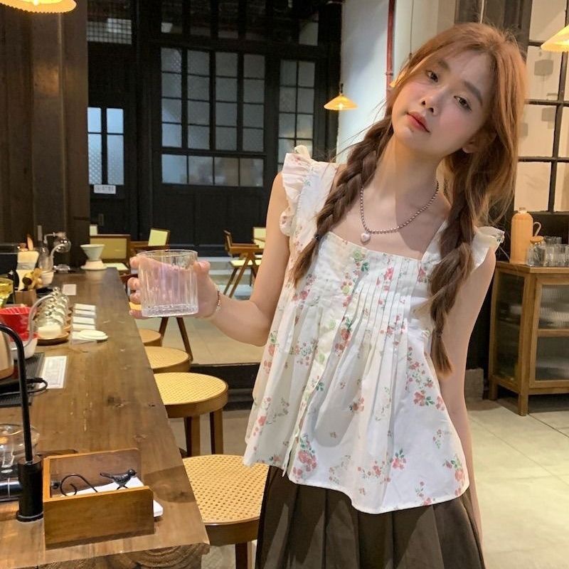 Jiashucheng Áo Sơ Mi Tay Bay Nhỏ Dáng Ôm In Hoa Nhỏ Phong Cách Pháp Thời Trang Mùa Hè Cho Nữ