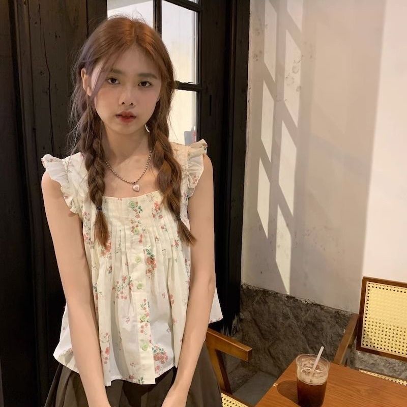 Jiashucheng Áo Sơ Mi Tay Bay Nhỏ Dáng Ôm In Hoa Nhỏ Phong Cách Pháp Thời Trang Mùa Hè Cho Nữ