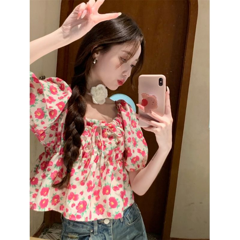 Jiashucheng Áo Sơ Mi Ngắn Cổ Vuông Tay Phồng In Họa Tiết Hoa Tươi Mới Thời Trang Mùa Hè Dành Cho Nữ