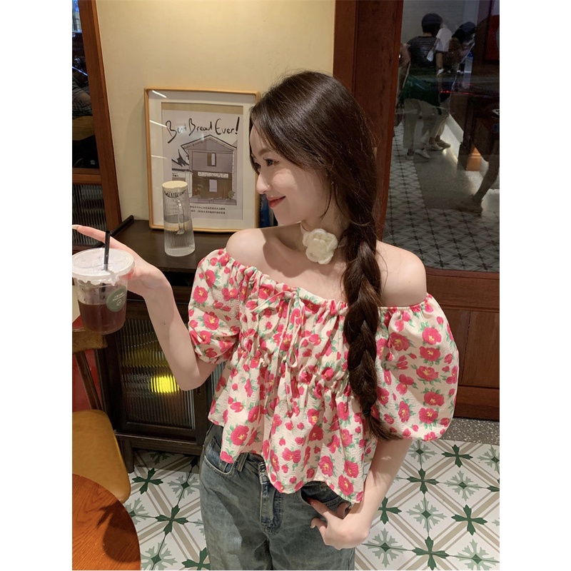 Jiashucheng Áo Sơ Mi Ngắn Cổ Vuông Tay Phồng In Họa Tiết Hoa Tươi Mới Thời Trang Mùa Hè Dành Cho Nữ