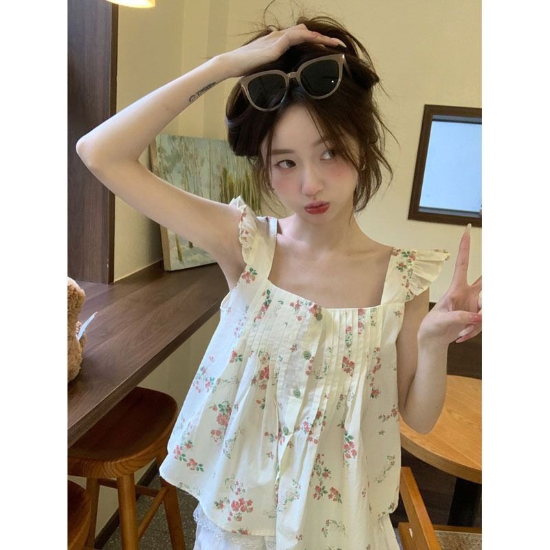 Jiashucheng Áo Sơ Mi Tay Bay Nhỏ Dáng Ôm In Hoa Nhỏ Phong Cách Pháp Thời Trang Mùa Hè Cho Nữ