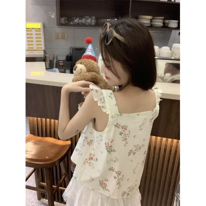 Jiashucheng Áo Sơ Mi Tay Bay Nhỏ Dáng Ôm In Hoa Nhỏ Phong Cách Pháp Thời Trang Mùa Hè Cho Nữ