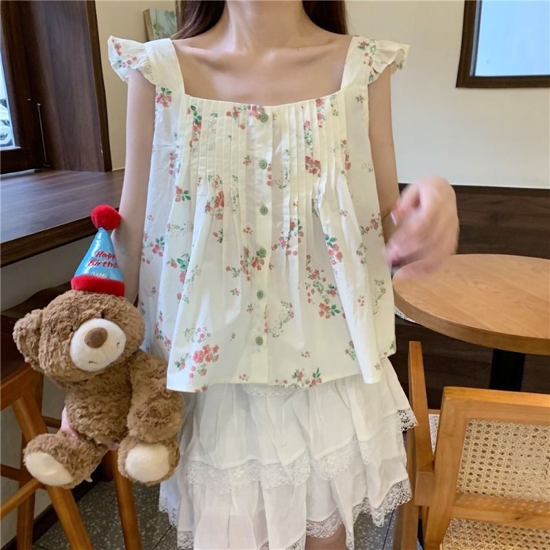 Jiashucheng Áo Sơ Mi Tay Bay Nhỏ Dáng Ôm In Hoa Nhỏ Phong Cách Pháp Thời Trang Mùa Hè Cho Nữ