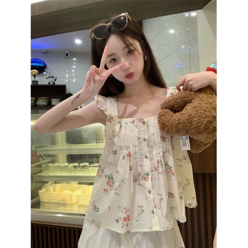 Jiashucheng Áo Sơ Mi Tay Bay Nhỏ Dáng Ôm In Hoa Nhỏ Phong Cách Pháp Thời Trang Mùa Hè Cho Nữ