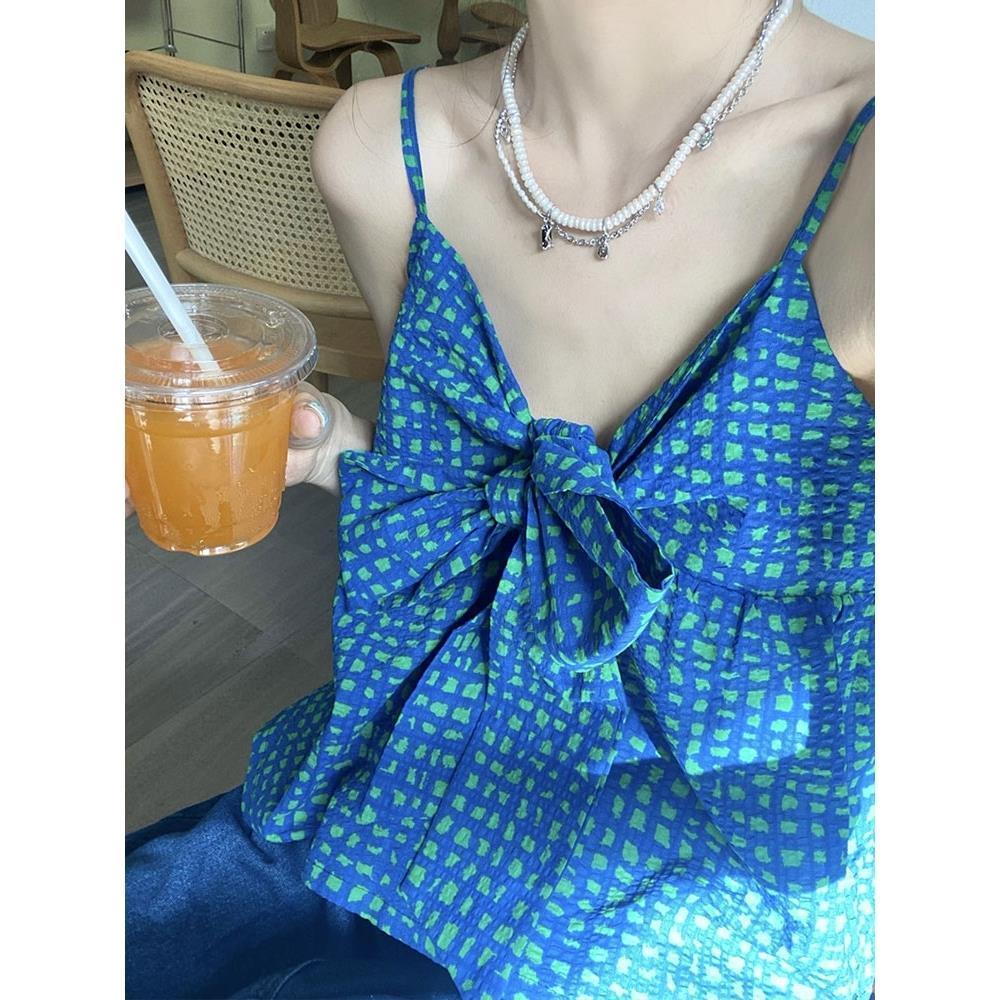 Jiashucheng Áo Hai Dây Ngắn Sọc Caro Trắng Xanh Lá Thắt Nơ Phong Cách Hàn Quốc Sang Trọng Ngọt Ngào Cho Nữ