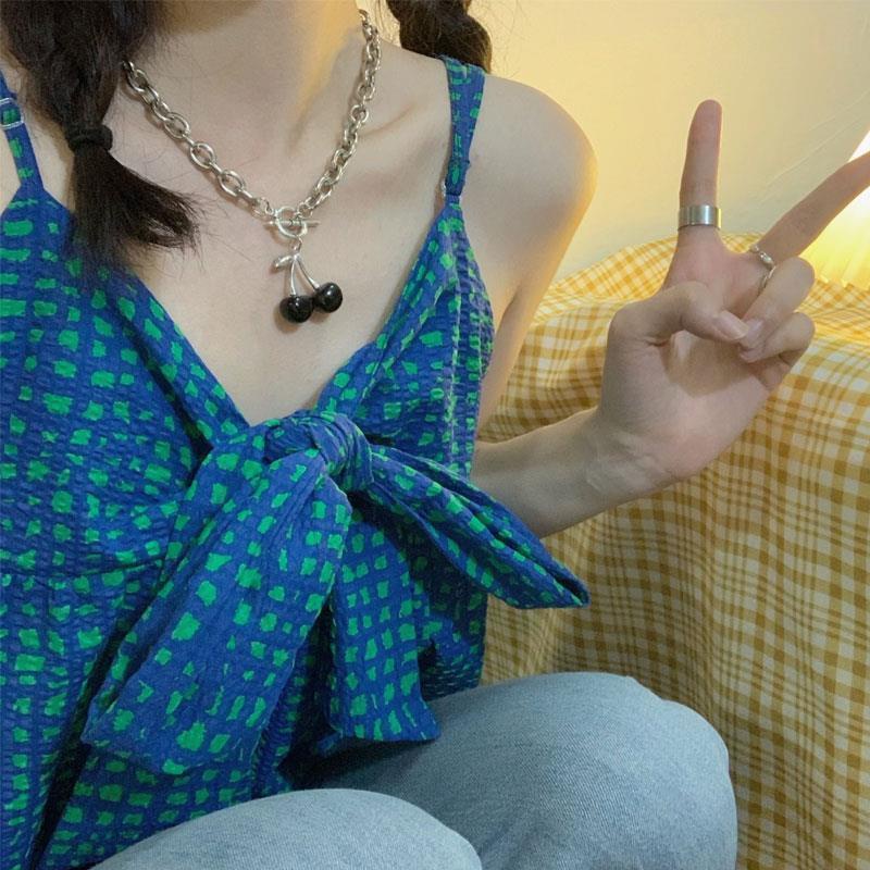 Jiashucheng Áo Hai Dây Ngắn Sọc Caro Trắng Xanh Lá Thắt Nơ Phong Cách Hàn Quốc Sang Trọng Ngọt Ngào Cho Nữ