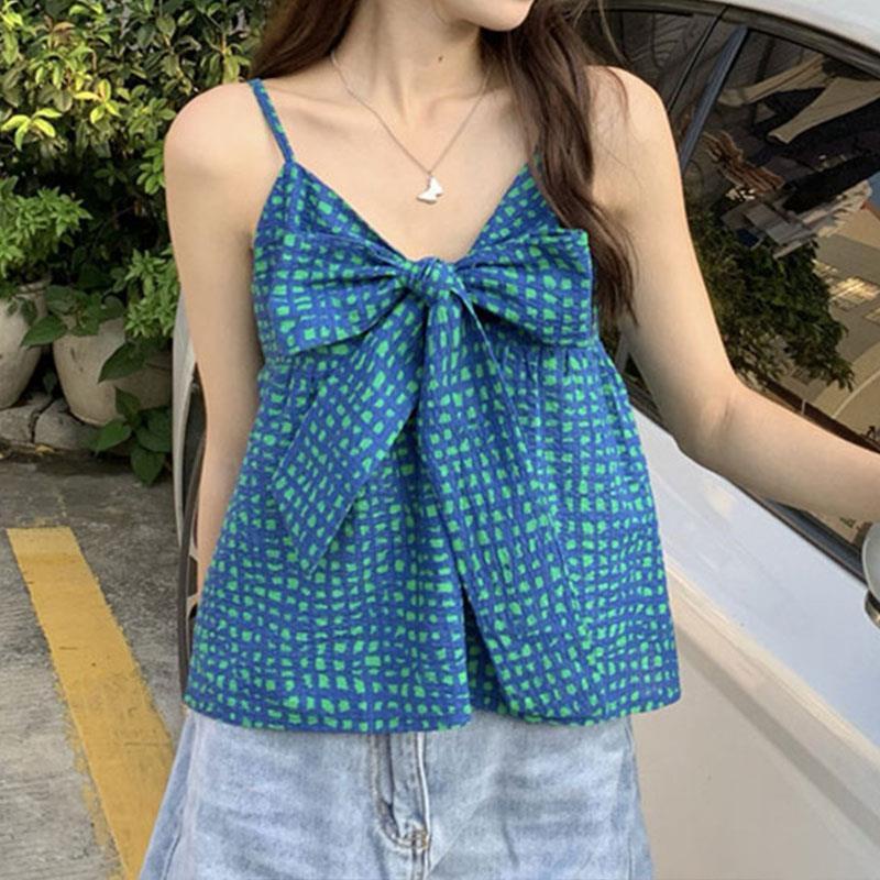 Jiashucheng Áo Hai Dây Ngắn Sọc Caro Trắng Xanh Lá Thắt Nơ Phong Cách Hàn Quốc Sang Trọng Ngọt Ngào Cho Nữ