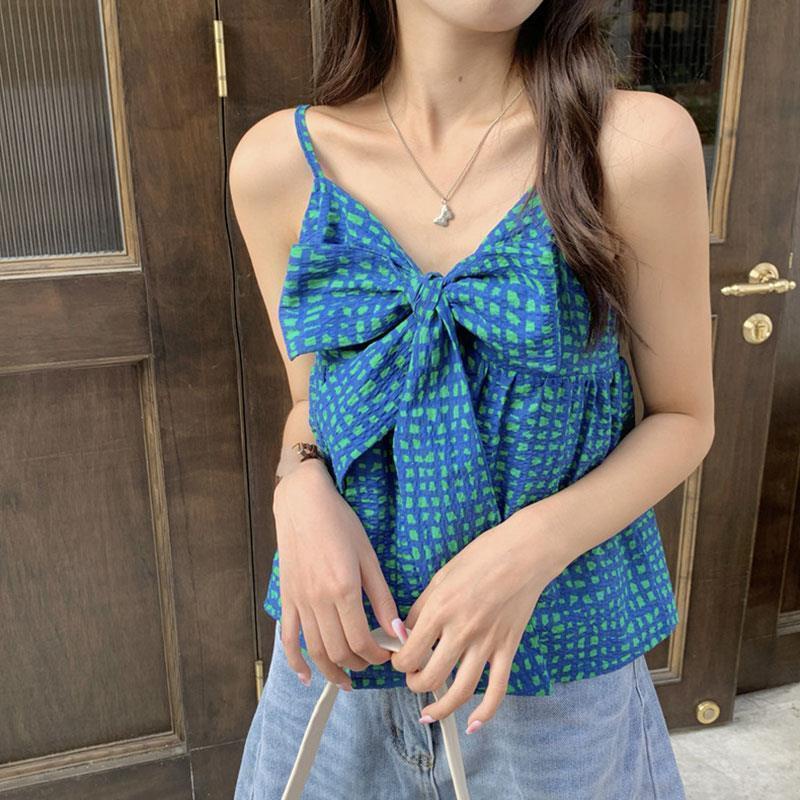 Jiashucheng Áo Hai Dây Ngắn Sọc Caro Trắng Xanh Lá Thắt Nơ Phong Cách Hàn Quốc Sang Trọng Ngọt Ngào Cho Nữ