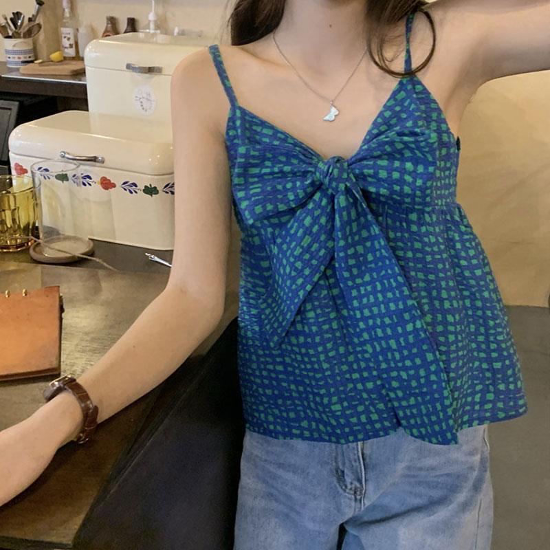 Jiashucheng Áo Hai Dây Ngắn Sọc Caro Trắng Xanh Lá Thắt Nơ Phong Cách Hàn Quốc Sang Trọng Ngọt Ngào Cho Nữ