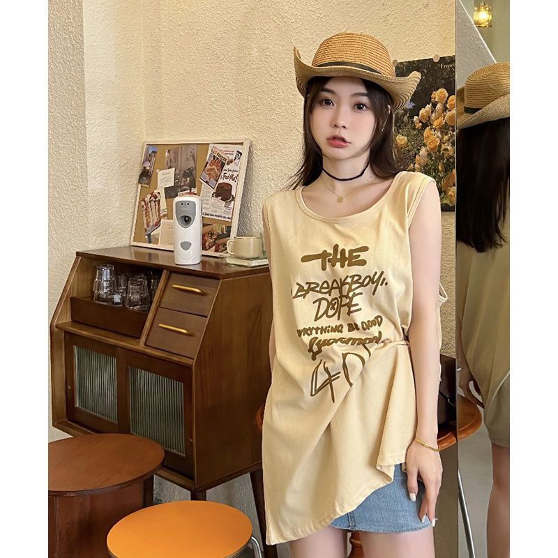 Jiashucheng No Pilling Áo Thun Không Tay Dáng Rộng In Chữ Phong Cách Đường Phố Mỹ