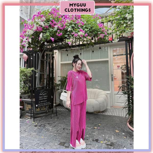 Set Đồ Nữ, Bộ Đồ Nữ Với Áo Thun Form Rộng Xẻ Tả Mix Quần Suông Ống Rộng, Vải Ly Ánh Nhũ - HA37