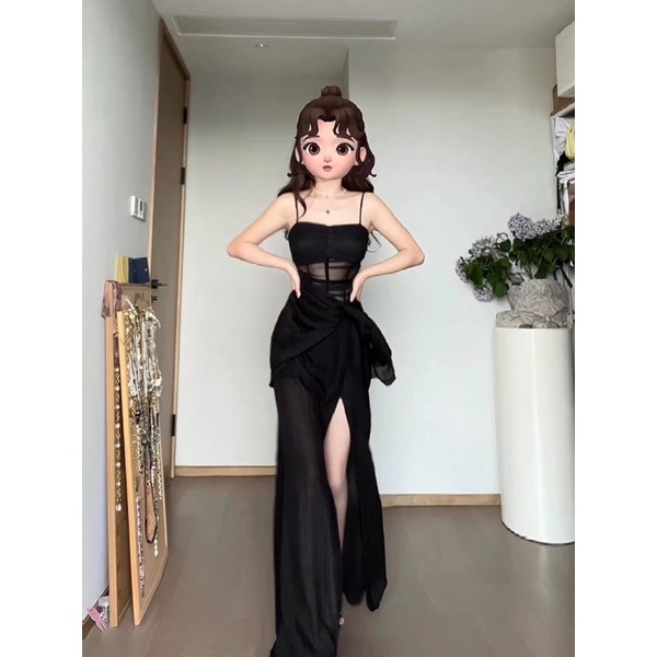 Váy 2s màu đen xẻ tà cực tôn dáng