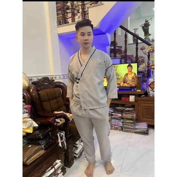 Đồ lam đi chùa nam cao cấp-Bộ Phật tử nam vải linen Quảng Châu dày đẹp đủ size