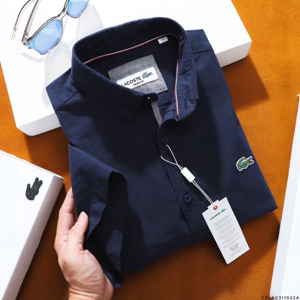 Áo sơ mi nam ngắn tay KHÔNG TÚI LACOSTE cổ cài khuy vải OXFORD có túi 4 màu Full Tem Tag Code Hàng Cao Cấp Cực Xịn