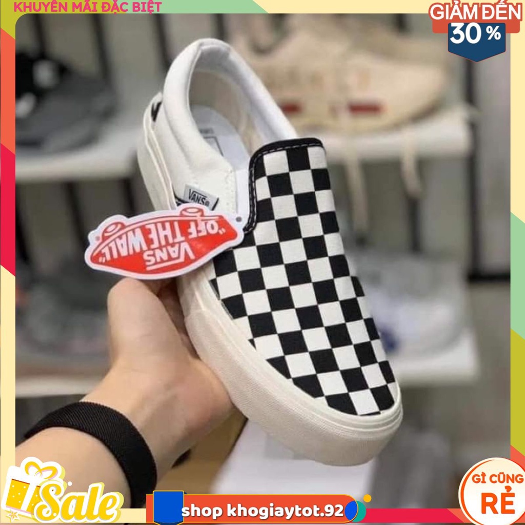 Giày Lười Nam Nữ - Giày Thể Thao Slip On Vans Caro kẻ sọc đen trắng cá tính, đế êm lót da Cao Cấp D18 HOT FREESHIP