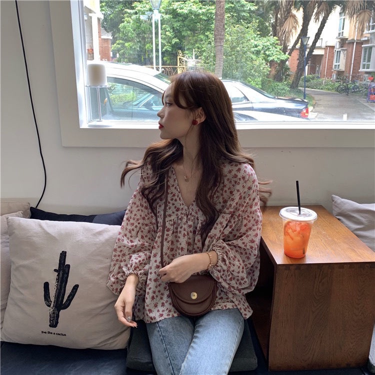 Jiashucheng Áo Voan Hoa Tay Dài Cổ Chữ V Phong Cách Hàn Quốc Dành Cho Nữ