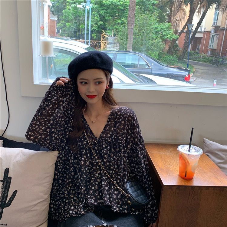 Jiashucheng Áo Voan Hoa Tay Dài Cổ Chữ V Phong Cách Hàn Quốc Dành Cho Nữ