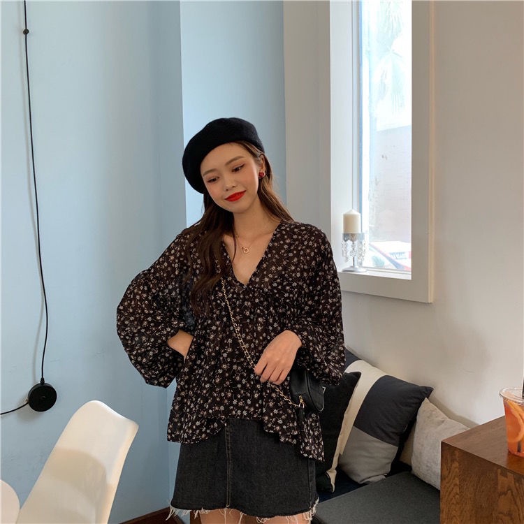 Jiashucheng Áo Voan Hoa Tay Dài Cổ Chữ V Phong Cách Hàn Quốc Dành Cho Nữ