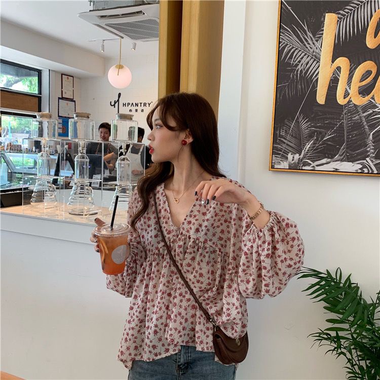 Jiashucheng Áo Voan Hoa Tay Dài Cổ Chữ V Phong Cách Hàn Quốc Dành Cho Nữ