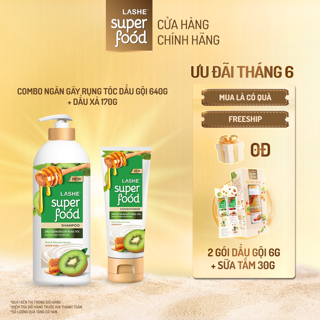 Combo Dầu gội LASHE SUPERFOOD ngăn gãy rụng tóc 640G + Dầu xả ngăn gãy rụng tóc 170G