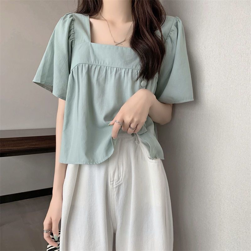 Áo Sơ Mi Ngắn Tay Cổ Vuông Dáng Rộng Thời Trang Mùa Hè Hàn Quốc Dành Cho Nữ