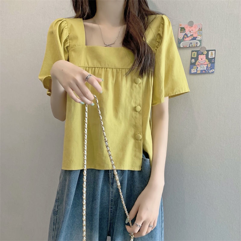 Áo Sơ Mi Ngắn Tay Cổ Vuông Dáng Rộng Thời Trang Mùa Hè Hàn Quốc Dành Cho Nữ