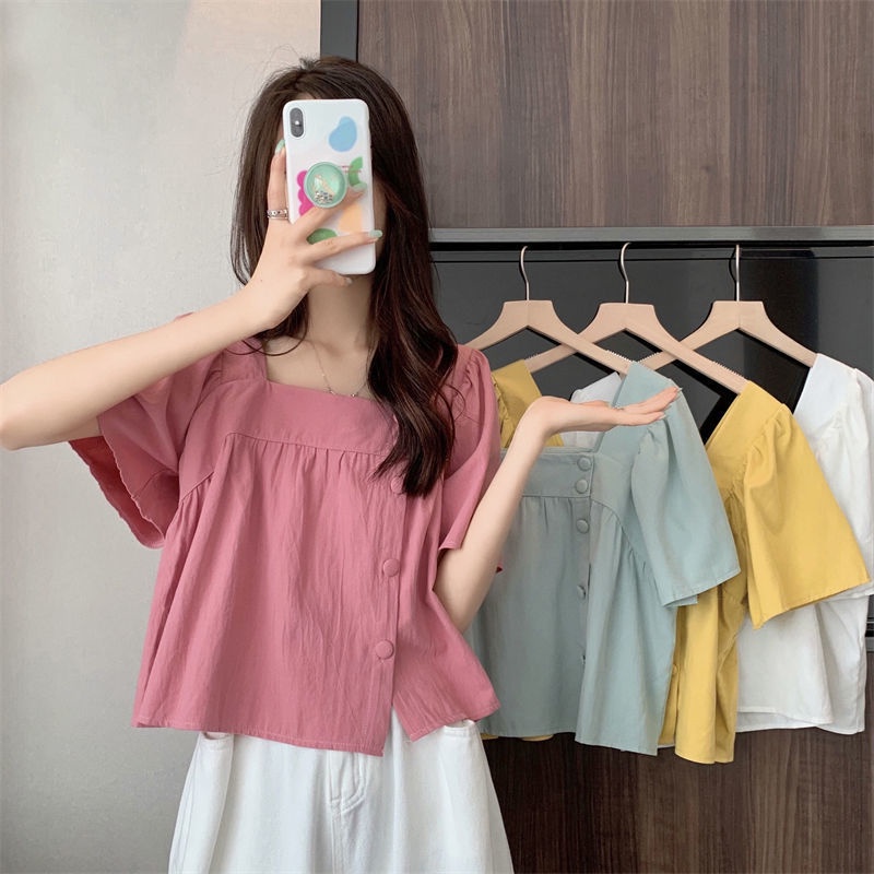 Áo Sơ Mi Ngắn Tay Cổ Vuông Dáng Rộng Thời Trang Mùa Hè Hàn Quốc Dành Cho Nữ