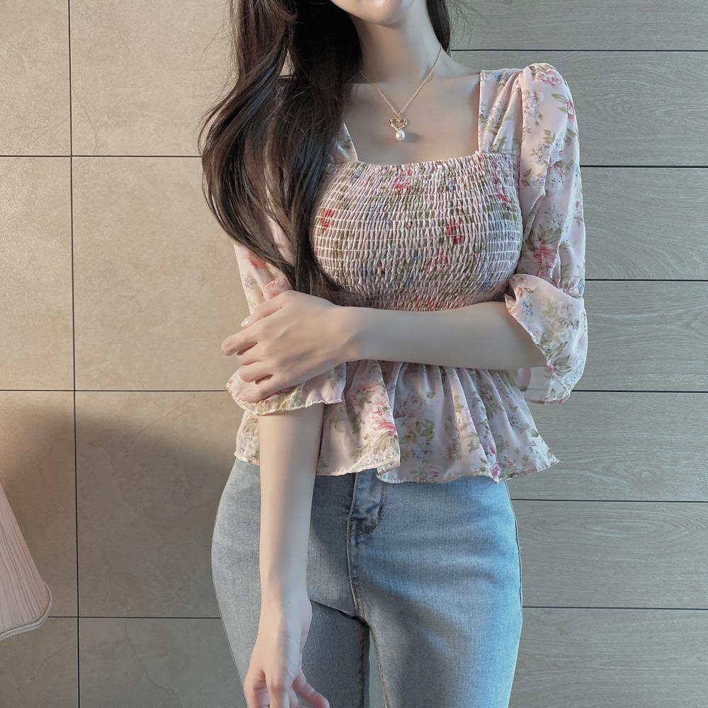 Jiashucheng Áo Sơ Mi Chiffon Ngắn Tay Dáng Ôm In Hoa Phối Bèo Thời Trang Mùa Hè Cho Nữ