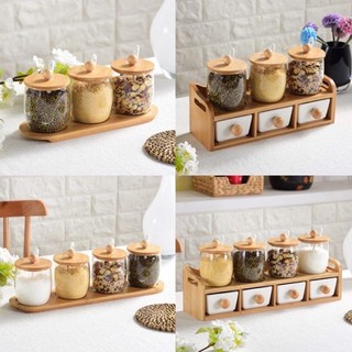 Bộ hũ lọ đựng gia vị thuỷ tinh nắp gỗ có núm cầm phong cách Vitage
