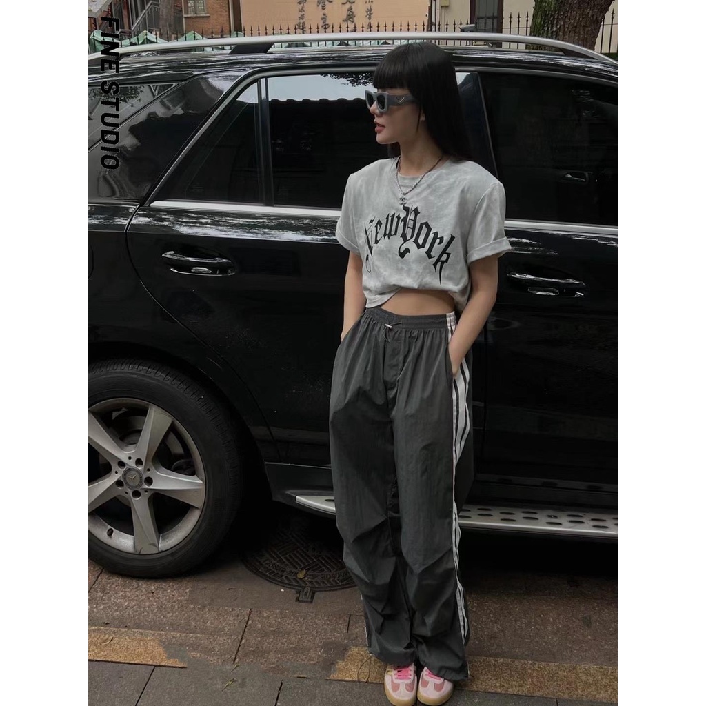 Quần Dài Ống Rộng Họa Tiết Kẻ Sọc Màu Tương Phản Phong Cách Mỹ Thời Trang Mùa Hè Mới Cho Nữ