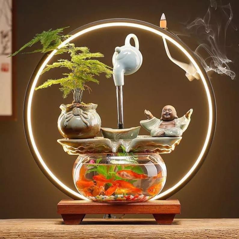 Thác Nước Phong Thủy, Bể Cá Mini Phun Nước Hươu, Di Lặc Tài Lộc, May Mắn Kèm Đèn Led Cao Cấp Hàng Loại I