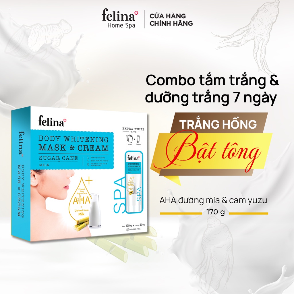 Combo Kem Tắm Trắng và Kem Body Trắng Da Toàn Thân 170g Felina Home Spa  với AHA từ Đường Mía &amp; Tinh Chất Sữa