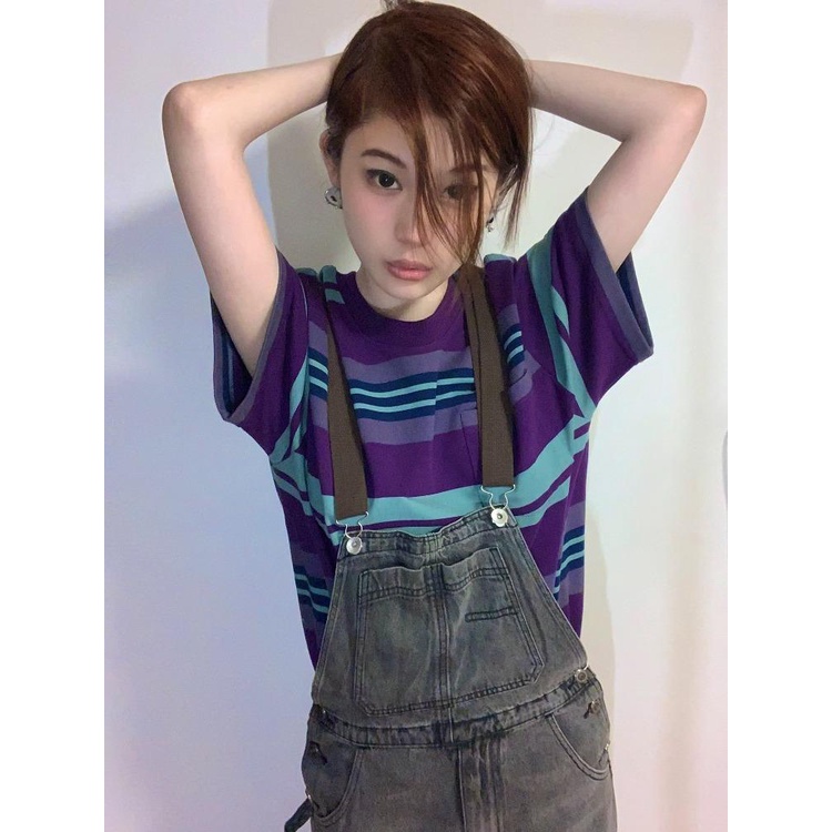 Áo Thun Ngắn Tay Cổ Tròn Dáng Rộng Họa Tiết Kẻ Sọc Màu Sắc Tương Phản Thời Trang Mùa Hè Cho Nữ