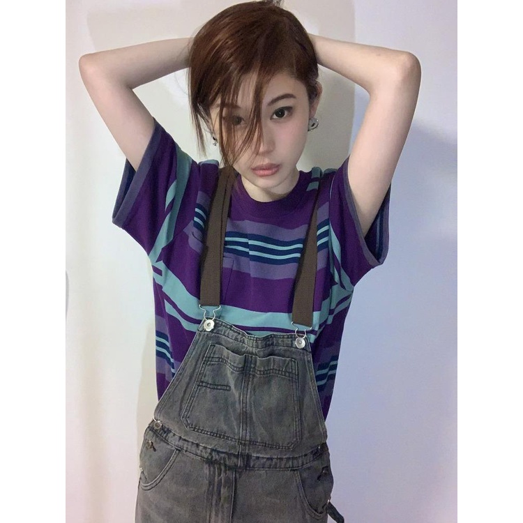 Áo Thun Ngắn Tay Cổ Tròn Dáng Rộng Họa Tiết Kẻ Sọc Màu Sắc Tương Phản Thời Trang Mùa Hè Cho Nữ