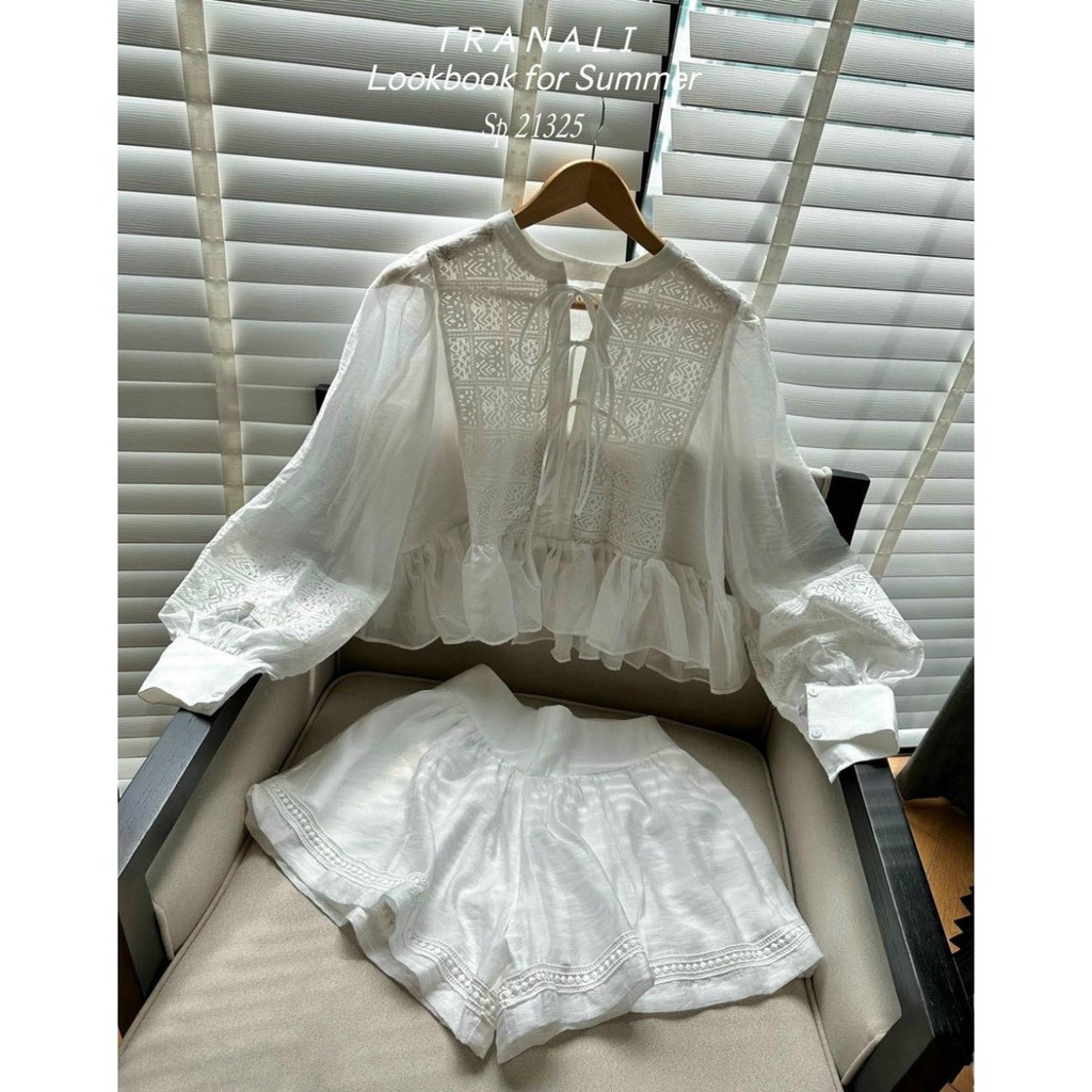 Set Áo Bèo Dài Tay Phối Ren Kèm Quần Short Siêu Hot 2023 LT0020 LH