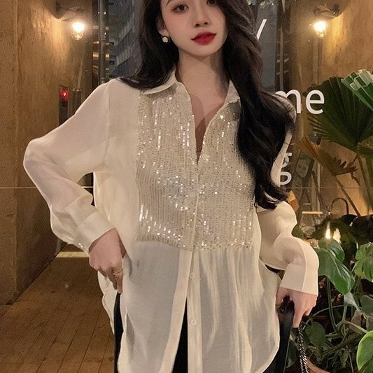 Jiashucheng Áo Sơ Mi Tay Dài Đính Kim Sa Lấp Lánh Phong Cách Pháp Thời Trang Mùa Xuân Mới Cho Nữ