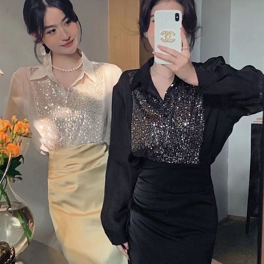 Jiashucheng Áo Sơ Mi Tay Dài Đính Kim Sa Lấp Lánh Phong Cách Pháp Thời Trang Mùa Xuân Mới Cho Nữ