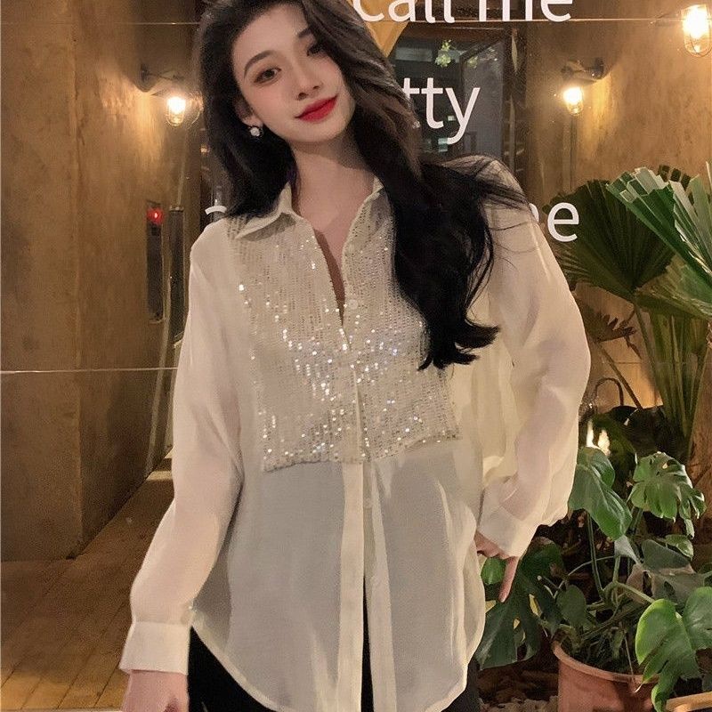 Jiashucheng Áo Sơ Mi Tay Dài Đính Kim Sa Lấp Lánh Phong Cách Pháp Thời Trang Mùa Xuân Mới Cho Nữ