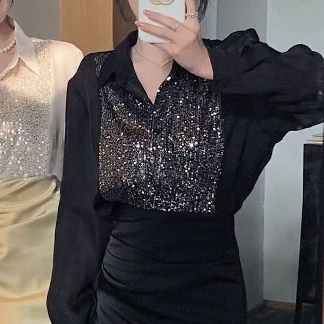Jiashucheng Áo Sơ Mi Tay Dài Đính Kim Sa Lấp Lánh Phong Cách Pháp Thời Trang Mùa Xuân Mới Cho Nữ