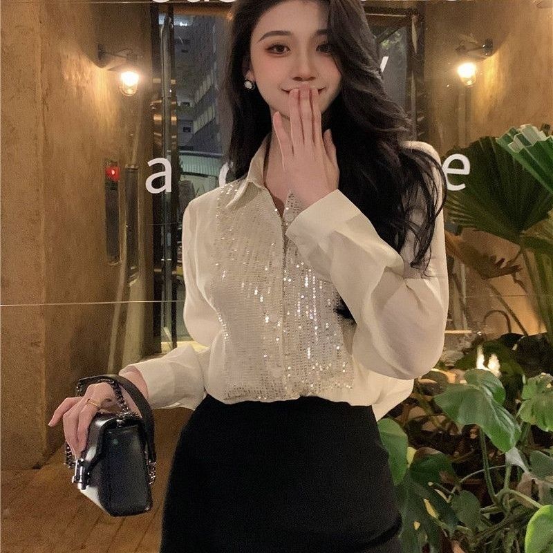 Jiashucheng Áo Sơ Mi Tay Dài Đính Kim Sa Lấp Lánh Phong Cách Pháp Thời Trang Mùa Xuân Mới Cho Nữ